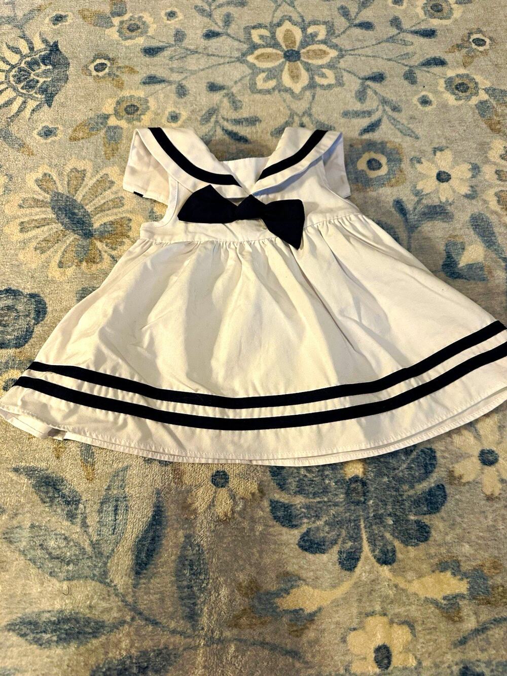 Girls White Sailor Collared Sleeveless A-Line Cotton Bow Dress 3-6 Months
